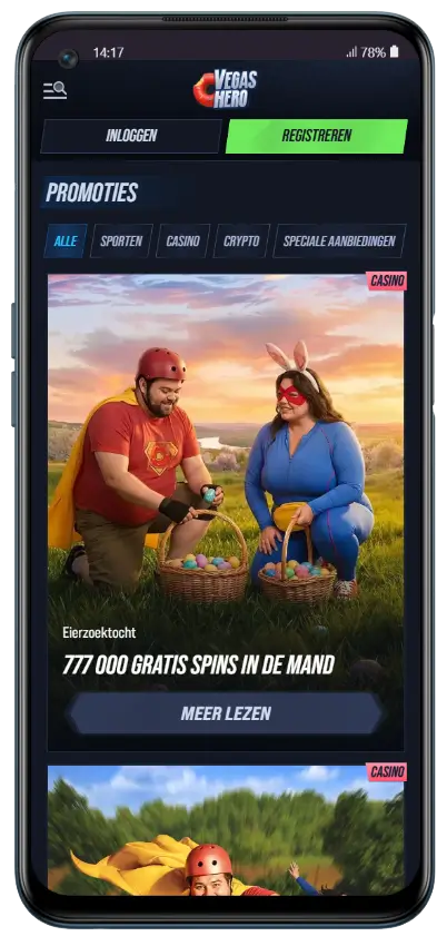 VegasHero Promoties — Actuele bonussen en acties voor spelers VegasHero promotiespagina met Paaspromotie actie '777.000 gratis spins in de mand' en filterknoppen voor Casino, Sporten, Crypto en Speciale aanbiedingen