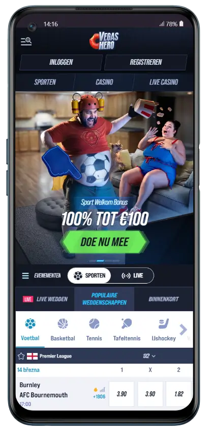 VegasHero Casino — Officiële mobiele startpagina VegasHero mobiele homepage met Sport Welkombonus 100% tot €100, navigatie voor Sporten, Casino en Live Casino, en live wedstrijden uit de Premier League
