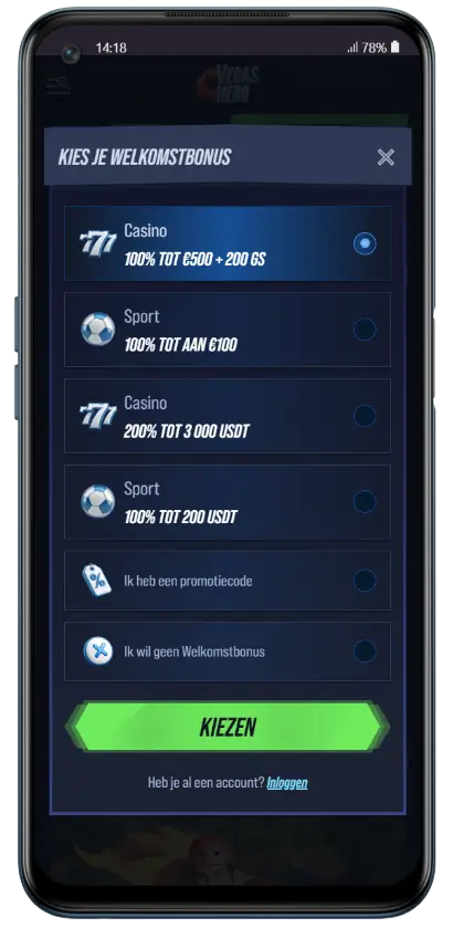 VegasHero Registratie — Kies je welkomstbonus bij aanmelding VegasHero registratiescherm met keuze uit welkomstbonussen: Casino 100% tot €500 + 200 GS, Sport 100% tot €100, Casino 200% tot 3000 USDT en Sport 100% tot 200 USDT